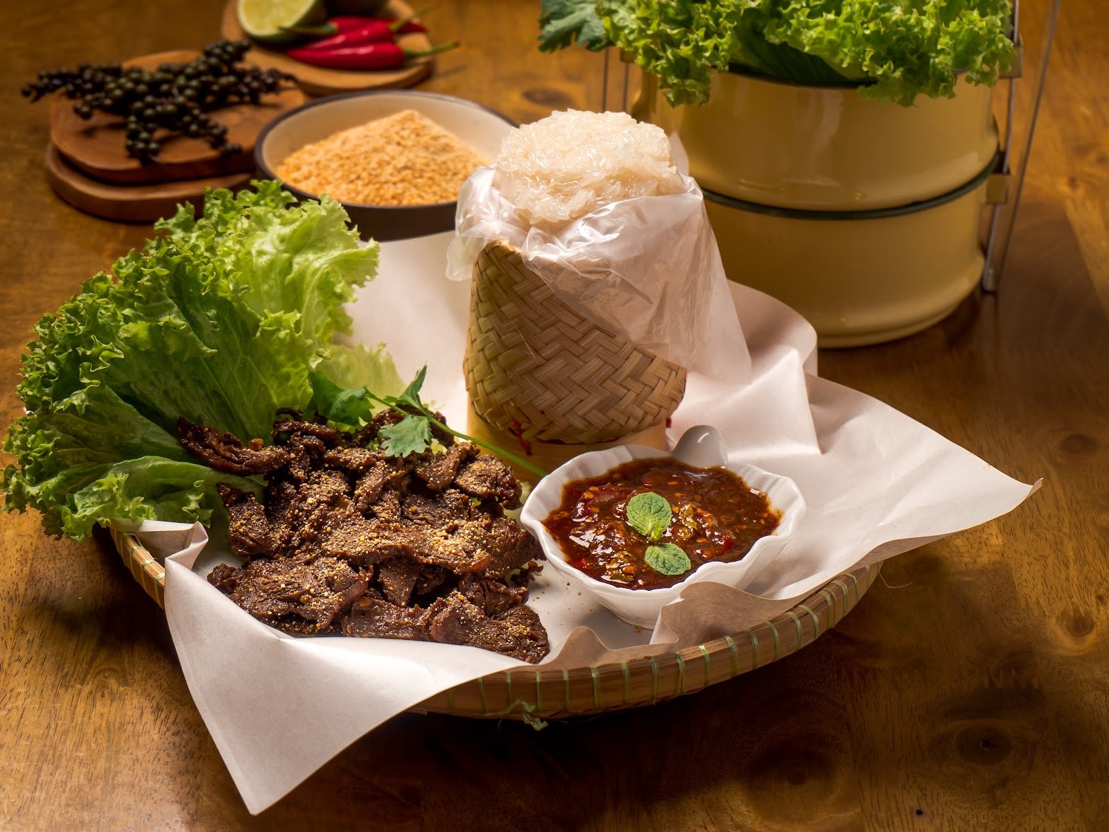 Crying Tiger grilled beef with sticky rice and nam jim jaew