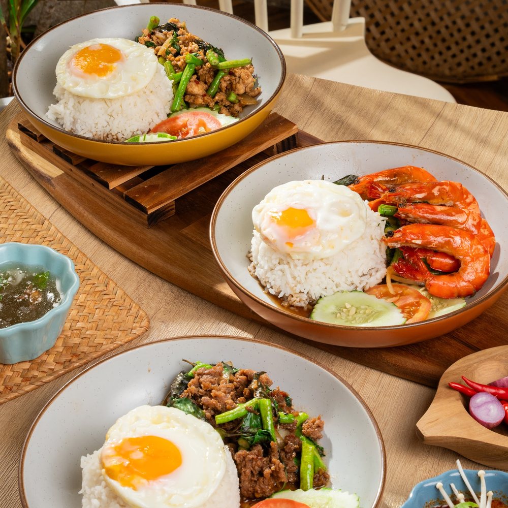 Chicken pad kra pao with rice and fried egg