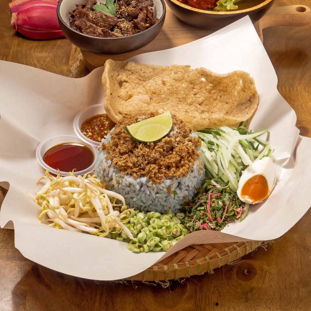 Nasi Kerabu with fried chicken, keropok and ulam