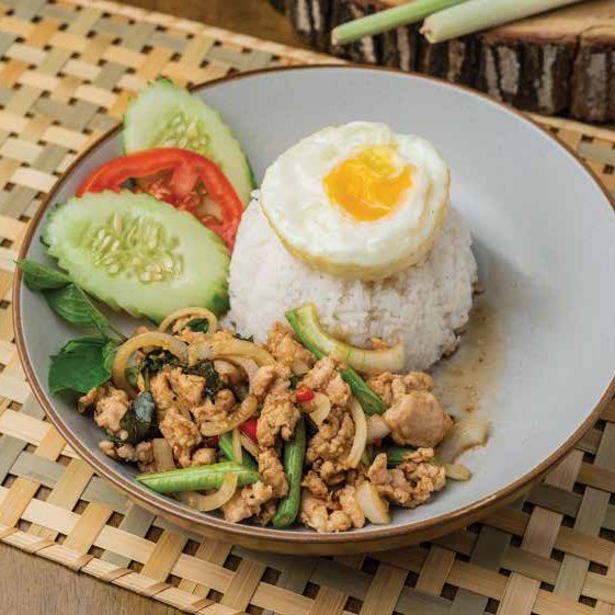 Chicken pad kra pao with rice and fried egg